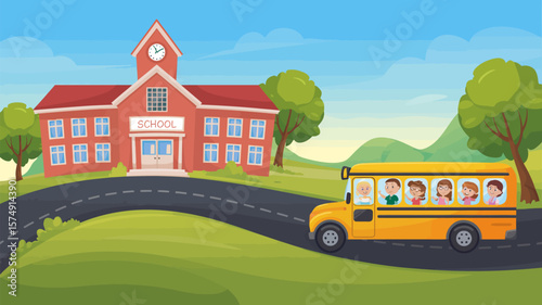 Cartoon school bus with students arriving at school building illustration for education concept design