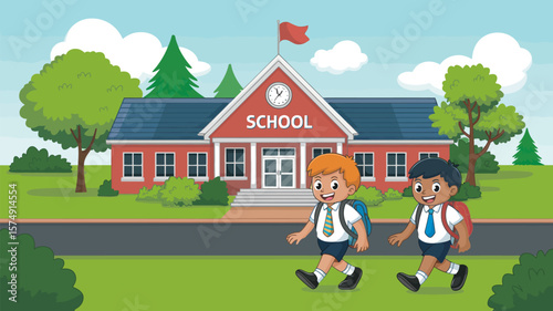 Cartoon school building illustration with students going back to school clipart for education resources