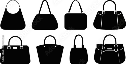 Handbag collection fashion accessories tote bag purse style stylish design women shopping vector graphic set