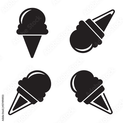 Stylized Ice Cream Cone Icons in Black Silhouette and Outline. Ice Cream Vector Set of Rotated and Upright Frozen Dessert Illustrations Isolated on White Background