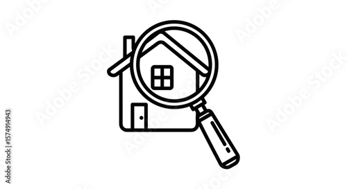 House illustration under magnifying glass in simple line art  