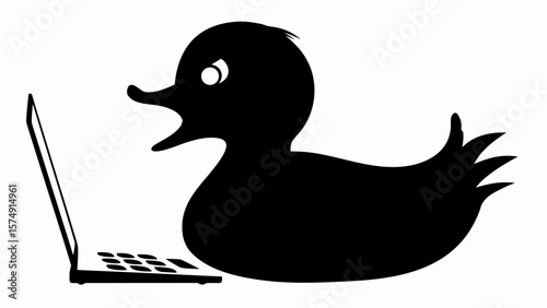 Silhouette of a duck looking angrily at a laptop screen with its beak open in a black and white image