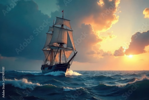 A majestic Victorian-era ship sails across a vast, turbulent ocean under a dramatic sky The scene evokes a sense of adventure and the power of nature , rigging, wood