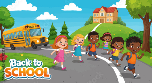 Back to school illustration with diverse children running to school bus and school building on a sunny day