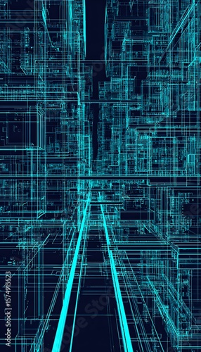 Digital city blueprint in cyan lines