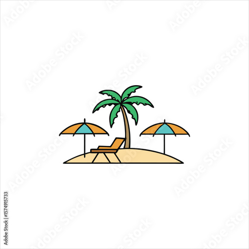 A tropical island scene with a palm tree and lounge chair