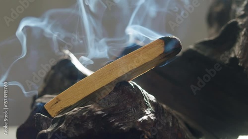 Person holding Palo Santo wood stick in hand, aromatic Palo Santo burning on black background, smoke spreading around, slow motion video clip, high quality 4k close up footage