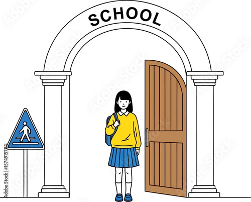 Illustration of a girl going to school vector art back to school education student archway building