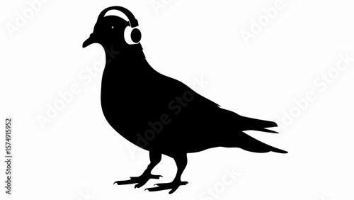 Silhouette of a pigeon wearing headphones, standing against a white background in a simple illustration