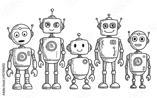 Robot Character Set – Adorable and Fun Cartoon Robots in Playful Style, Perfect for Children’s Products, Educational Resources, Toys, and Creative Design Projects

