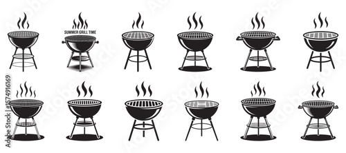 Black charcoal grills with smoke and summer grill time text barbecue cooking
