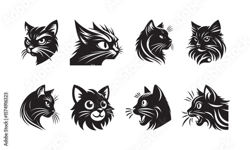 Fierce feline faces stylized black cat heads animal