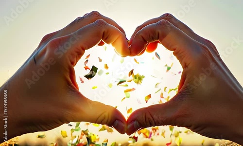 Radiant heartshaped hands with falling confetti in sunlit celebration