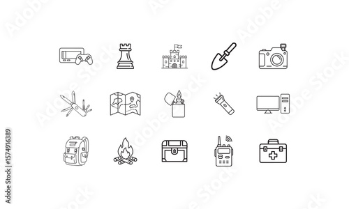 Game console chess castle shovel camera multi tool map lighter flashlight computer backpack campfire chest walkie talkie first aid kit