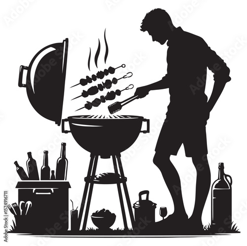 Man grilling skewers over barbecue with drinks and food vector