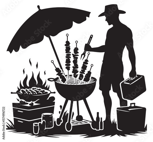 Man grilling skewers under umbrella with cooler and drinks barbecue food
