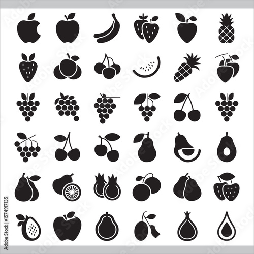 Assorted Fruit Icons Displaying a Variety of Delicious and Healthy Fruits Including Apples Grapes Strawberries and Tropical Selections in Simple Black Silhouettes