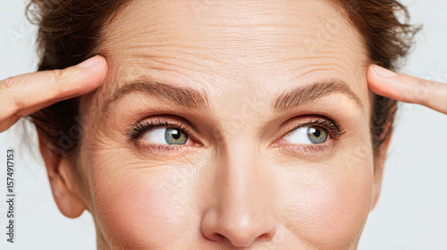 Woman Pointing to Forehead Wrinkles, Botox Treatment for Age Prevention and Wrinkle Smoothing, Beauty and Skincare Stock Image for Aesthetic and Wellness Themes

