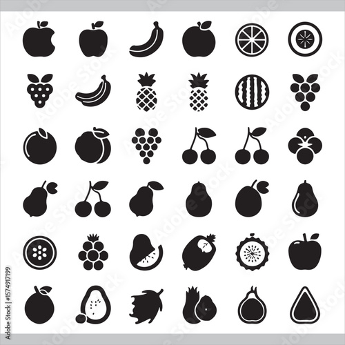 Assorted Fruit Icons Featuring Apples Bananas Pineapples Grapes Peaches and Other Fruits for Culinary Arts Projects and Visual Design Resources