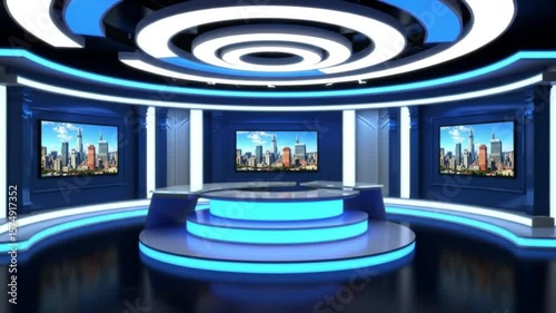 Virtual studio with blue lighting and cityscape displays on screens in the background area