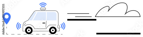 Self-driving car moving with wireless signals, navigation marker, and cloud connection lines. Ideal for mobility, innovation, transportation, technology, smart cities navigation automation. Simple