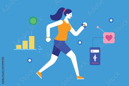 Woman running smartwatch heart rate progress fitness