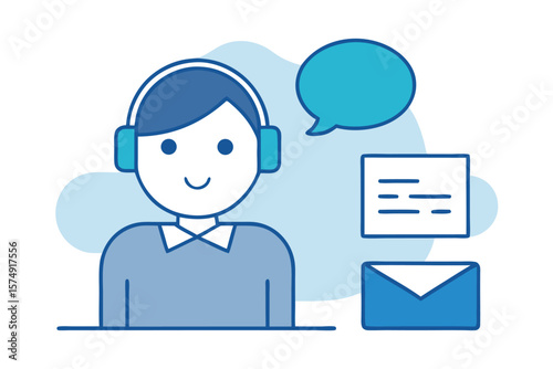 Blue headset person with speech bubble and envelope illustration