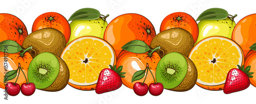 Food Border Seamless. Seamless Garland with Fruits. Horizontal Border with fresh Fruits. Fruits Background Seamless. Healthy Food Concept. Organic Food Farmers Markets, Banner, Flyer,  textile
