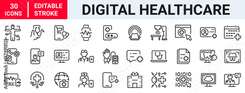 Digital healthcare and telemedicine web line icons. editable stroke. vector illustration. 