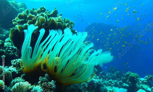 Vibrant coral reef with flowing anemone and school of fish in clear blue ocean waters