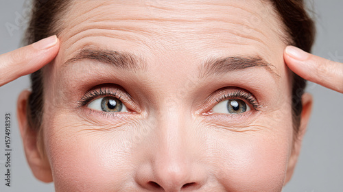 Woman Pointing to Forehead Wrinkles, Botox Treatment for Smoothing Wrinkles and Age Prevention, Beauty and Skincare Stock Image for Aesthetic and Wellness Themes

