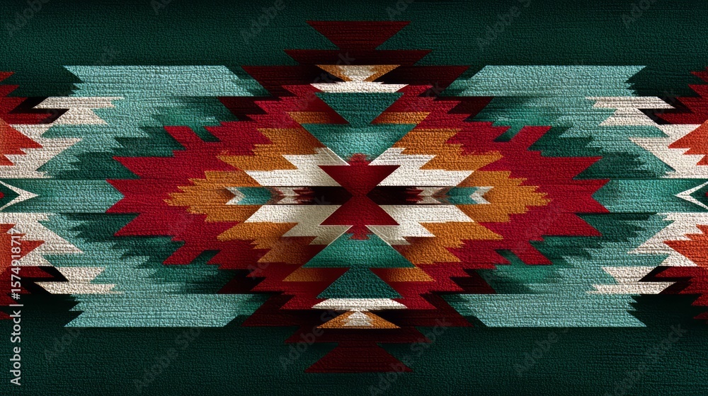 Colorful rug with a pattern of triangles and squares. The rug is green, red, and brown Colorful rug with a pattern of triangles and squares. The rug is green, red, and brown
