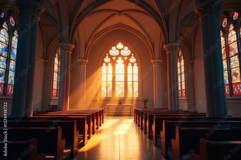 Fototapeta premium A serene church interior, bathed in sunlight streaming through stained glass windows Perfect for concepts of peace, spirituality, and worship , ornate, cross