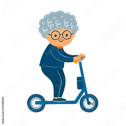 Cute grandmother riding a scooter with a joyful expression, promoting active lifestyle