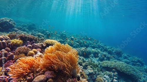Vibrant coral reef ecosystem: tropical fish swim through stunning underwater paradise