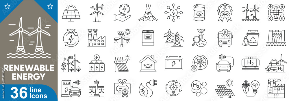 © Kashif - Set of editable stroke line icons representing diverse concepts of renewable energy, sustainability, eco-friendly technologies, environmental innovation and more. Vector illustration