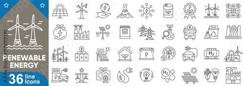 Set of editable stroke line icons representing diverse concepts of renewable energy, sustainability, eco-friendly technologies, environmental innovation and more. Vector illustration