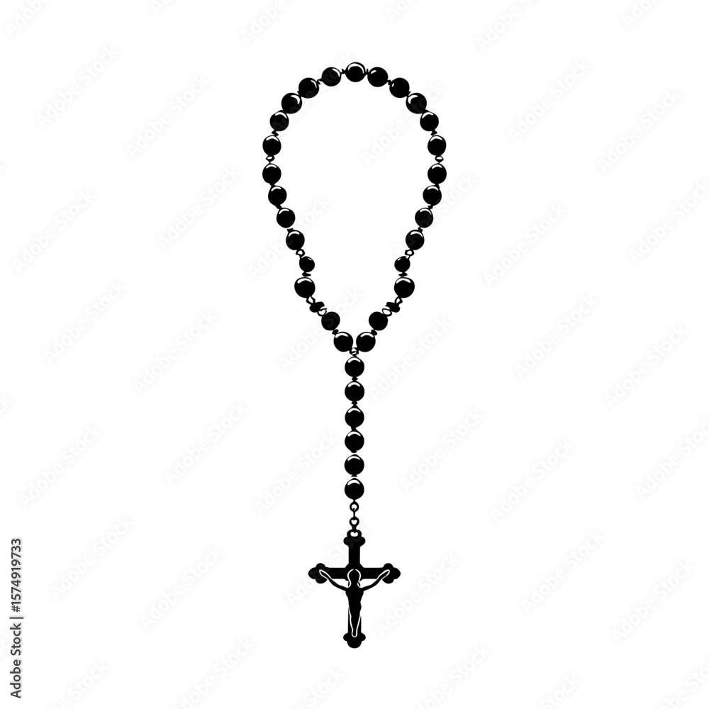 Detailed depiction of a rosary featuring beads and a crucifix in a vertical arrangement, isolated view Detailed depiction of a rosary featuring beads and a crucifix in a vertical arrangement, isolated view