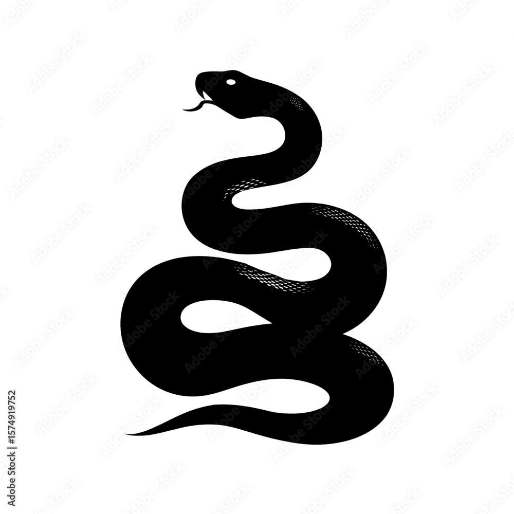 Fototapeta premium Coiled serpent with forked tongue extending, depicted in a monotone silhouette and stylized form