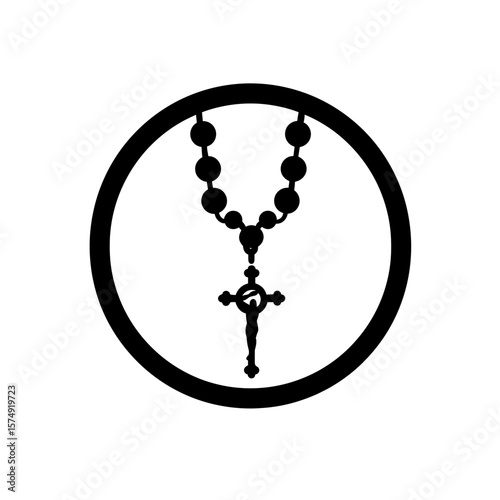 Rosary beads with a crucifix pendant inside of a circular frame in a graphic depiction style