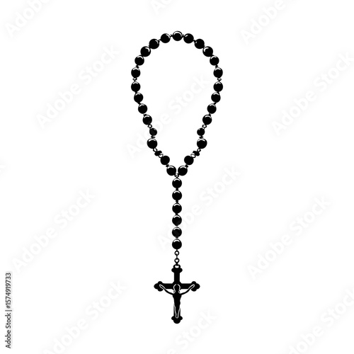 Detailed depiction of a rosary featuring beads and a crucifix in a vertical arrangement, isolated view