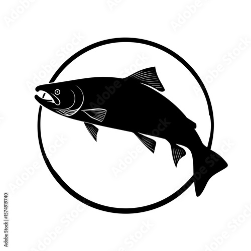 Silhouette of a fish leaping inside a circle frame, facing left, with visible fins and open mouth detail