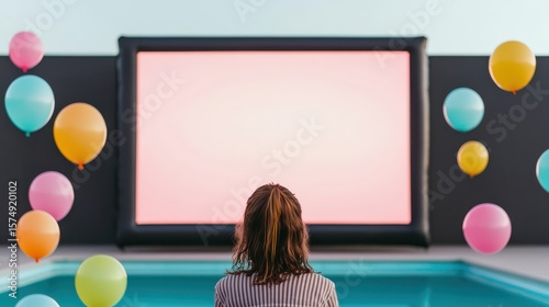 A person watches an outdoor movie screen by a pool, surrounded by colorful floating balloons in a relaxed, festive atmosphere.