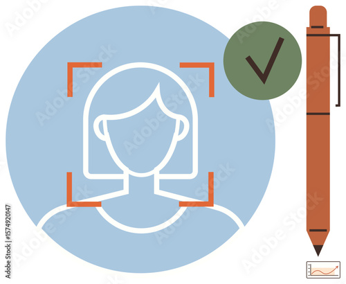 Facial recognition with approval checkmark icon, pen, and consent label. Ideal for technology, identity, verification, privacy, security, authorization simple flat metaphor