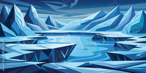 Abstract arctic scenery with icebergs and water minimalist landscape cold polar climate concept design