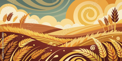 Abstract golden wheat field and sunset with rolling hills minimalist landscape artistic vector illustration