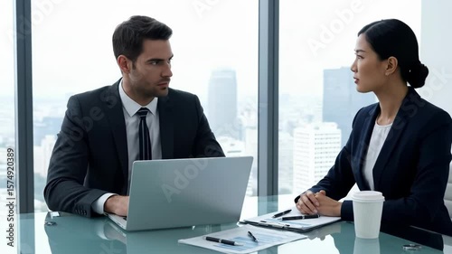 A businessman and businesswoman engaged in a serious discussion in a modern high-rise office.