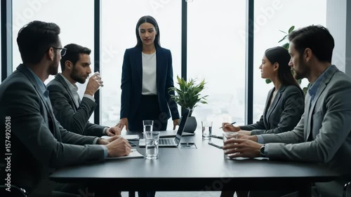 A female executive leads a team meeting in a modern high-rise office boardroom.