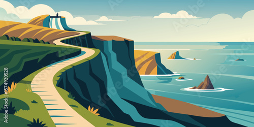Coastal vista with winding path minimalist landscape vector illustration of a serene ocean view and cliffs