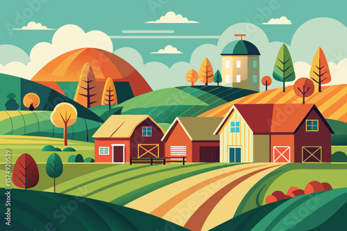 Colorful countryside landscape with barns hills and trees in flat minimalist style capturing rural scenery and peaceful atmosphere